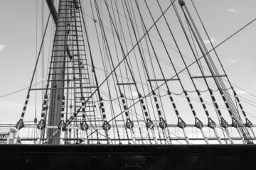 black and white photo of the ship rigging