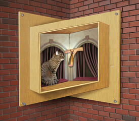 A beige cat eats a sausage fish on a sill of a wooden impossible window.