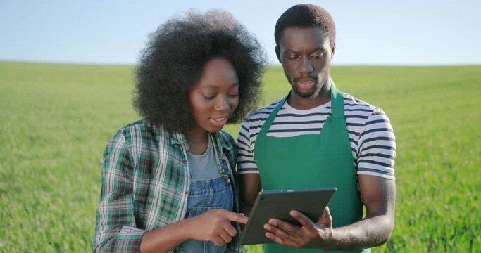 Male and female multiracial engineers using digital tablet while inspecting greenhouse organic farm business construction. Multi-sex farmers. Man and woman. Agronomy concept