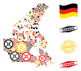 Service Canada v2 map mosaic and seals. Vector collage composed with service icons in different sizes, and German flag official colors - red, yellow, black.