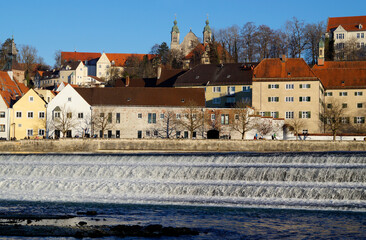 Beautiful, quaint, ancient Bavarian town Landsberg on Lech on a clear, sunny winter day with blue sky (Bavaria, Germany)
