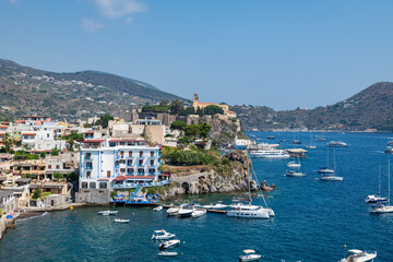 Lipari island (Aeolian archipelago), Messina, Sicily, Italy, 08.13.2021: view of the tourist port...