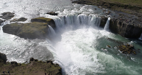 Obraz premium Aerial view over Godafoss waterfall, IcelandGodafoss is a waterfall in northern Iceland, Drone view , February 2021 