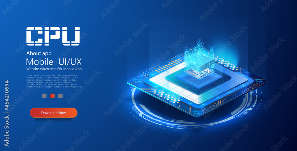 Poster a computer processor with digital chip and electronic components on motherboard or printed circuit b
