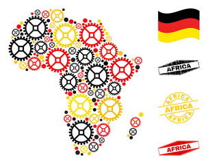 Repair service Africa map collage and seals. Vector collage is designed from repair workshop items in various sizes, and German flag official colors - red, yellow, black.