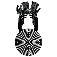Two human hands emerging from a round spiral maze or labyrinth symbol and holding ancient Carthaginian vessel or sailing boat ship. Creative concept. Black and white negative silhouette. - obrazy, fototapety, plakaty