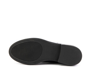 Women's autumn chelses black leather boots isolated white background. Shoe side view. Fashion shoes. Photoshoot for shoe shop concept.