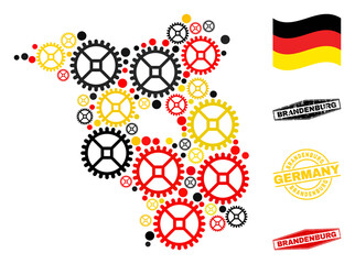 Mechanics Brandenburg Land map collage and seals. Vector collage is composed from service elements in different sizes, and German flag official colors - red, yellow, black.