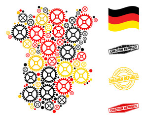 Service Chechen Republic map composition and stamps. Vector collage is designed of service elements in various sizes, and Germany flag official colors - red, yellow, black.