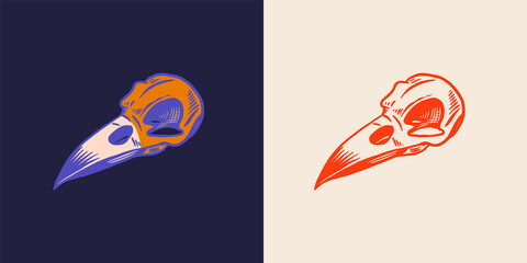 Birds skull line art. Magic cranium for the witch. Hand drawn vector sketch. 