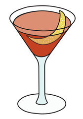 Boulevardier classic IBA listed cocktail in martini glass. An elegant red drink garnished with orange zest. Stylish hand-drawn doodle cartoon hipster style vector illustration