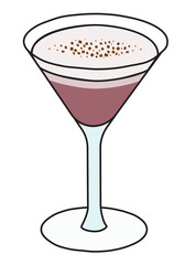 Porto Flip classic IBA listed unforgettable cocktail in cobbler glass. Brandy and Port Wine based drink garnished with ground nutmeg. Stylish hand-drawn doodle cartoon style vector illustration