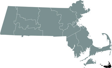 Black highlighted location map of the Nantucket County inside gray map of the Federal State of Massachusetts, USA