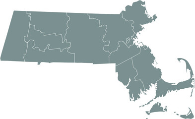 Gray vector map of the Federal State of Massachusetts, USA with white borders of its counties
