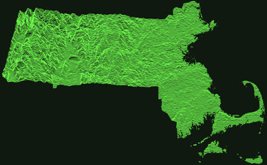 Topographic military radar tactical map of the Federal State of Massachusetts, USA with emerald green contour lines on dark green background