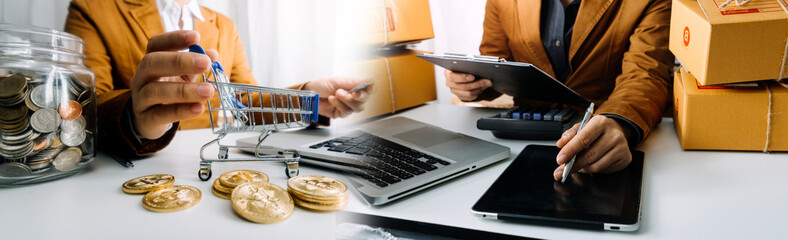 Young woman small business owner online shopping at home. taking note of orders from customers with mobile phones. SME entrepreneur or freelance life style concept.