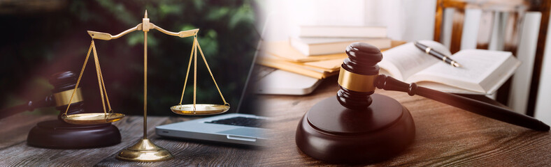 justice and law concept.Male judge in a courtroom on wooden table and Counselor or Male lawyer...