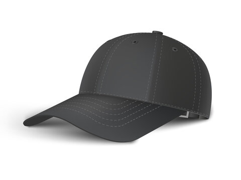 Single black baseball cap side perspective view realistic vector template.