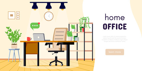 Home office or study room. Office work desk with laptop or computer. Flat modern vector banner design for remote education, teleworking or online job.