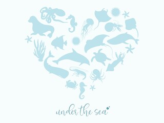 Vector illustration. Under the sea on blue background with sea animals and plants. Water creatures