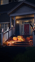 Obraz premium Halloween scary spooky pumpkins on the yard. Holiday spooky pumpkin. High quality 