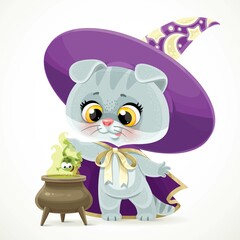 Cute cartoon baby cat in the wizard's hat and cloak brews a potion from green frog in cauldron isolated on white background