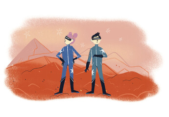 Space kids on virtual Mars expedition, girl and boy future illustration