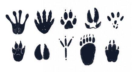 Animal spoor, footprint illustration, frog, bear, bird, crow, mouse, boar, elk, fox, wolf