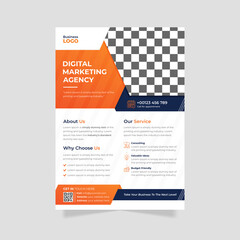 Modern corporate business and digital marketing leaflet design template. Creative vector orange and black company flier layout