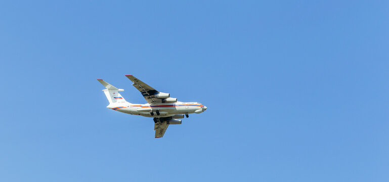 ZHUKOVSKY, RUSSIA - MAY 18, 2021: IL-76 Soviet medium military transport aircraft, IL-76TD, long-range transport, NATO codification - Candid, in flight