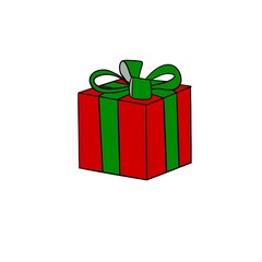 Colored illustration in red of a gift box with a bow on a white background