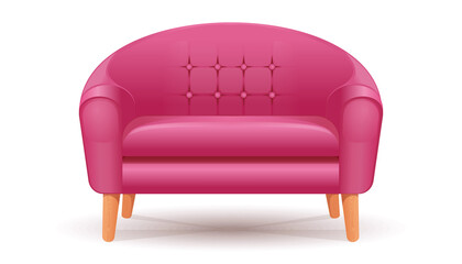 Elegant red leather sofa with wooden legs. Piece of furniture red couch. Realistic vector illustration isolated on white