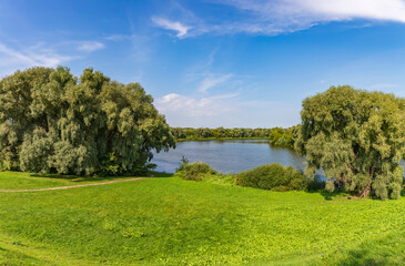 Fototapeta na wymiar River landscape with bright green trees on a sunny summer day