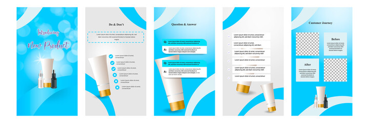 Minimal modern fashion and beauty social media story or stories banner collection kit in blue color. Including sale, product display platform pedestals, tips template design with bokeh background