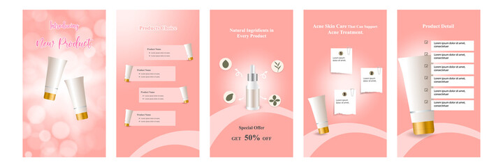 Minimal modern fashion and beauty social media story or stories banner collection kit in pink color. Including sale, product display platform pedestals, tips template design with bokeh background