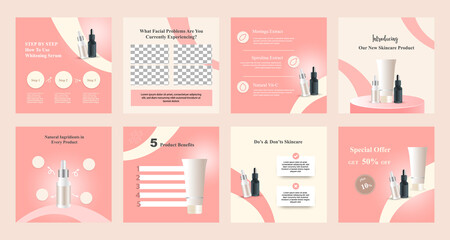 Minimal modern fashion and beauty social media post banner collection kit in pink color. Including sale, photo isolated product display platform, tips template design with botanical leaf elements