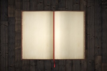 Old blank open hardcover book on wooden background. 