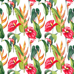 Seamless pattern with tropical anthurium and heliconia flowers. Watercolor illustration on white background.