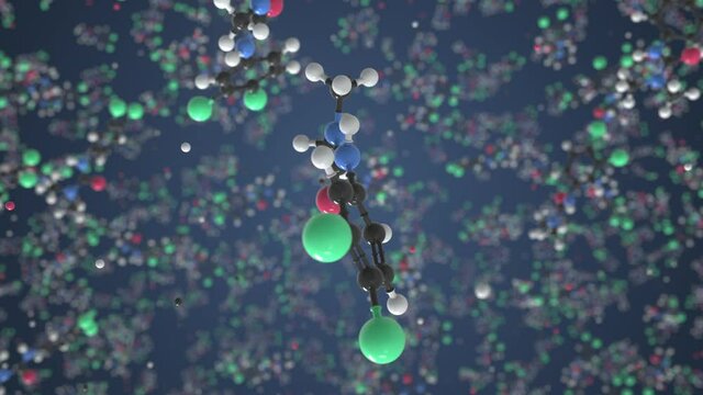 Diuron molecule made with balls, scientific molecular model. Chemical looping 3d animation