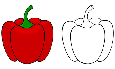 Cartoon bell pepper colorful and black and white. Coloring book page for children. Colored and outline vector paprika illustration isolated on white.