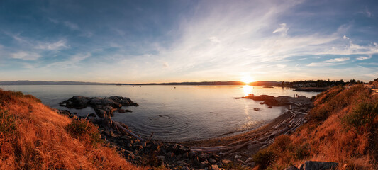 Scenic Panoramic View of the Coastline on the West Pacific Ocean Coast. Summer Sunset. MacAulay Point Park in Victoria, Vancouver Island, British Columbia, Canada.