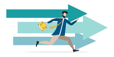 stock path to the goal. Business concept finishing up start up. Vector Businessman running to the goal. Business concept illustration. Flat design.