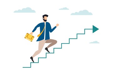 Successful man office worker character running upstairs to career stairs. Business strategy leader success business development start up concept. Vector flat cartoon graphic design illustration