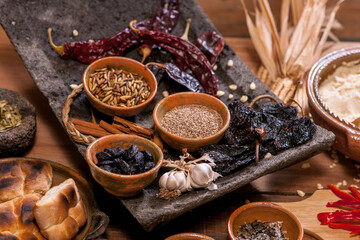 Ingredients for Guatemalan tamales, on a millstone.