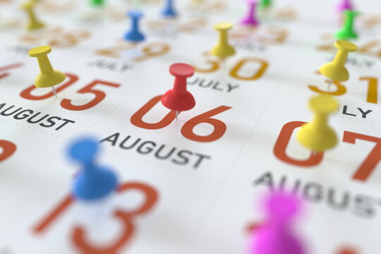 August 6 date and push pin on a calendar, 3D rendering