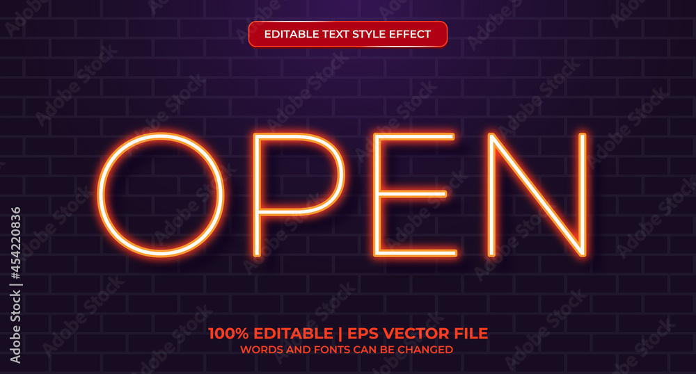 Aufkleber open neon glowing text effect isolated on brick background. editable text effect