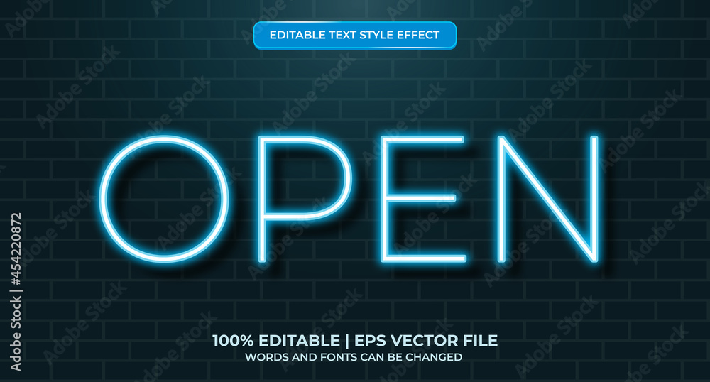 Aufkleber open neon glowing text effect isolated on brick background. editable text effect