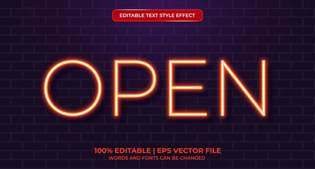 Open neon glowing text effect isolated on brick background. Editable text effect