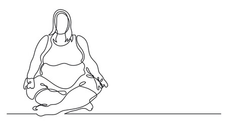 continuous line drawing of confident oversize woman sitting in lotus pose doing yoga celebrating body positivity
