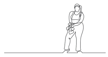 continuous line drawing of confident oversize woman standing holding dumbbells celebrating body positivity